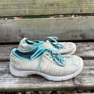 Dansko Elise Perforated Suede Lace Up Comfort Sneakers Tan Teal‎ Blue Sz 39 US 9
